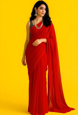 QOEEN CHOICE Solid/Plain Daily Wear Chiffon Saree(White)