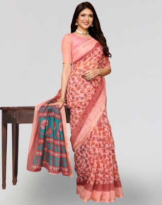 Nirvaan Printed Bollywood Cotton Linen Saree(Pink)