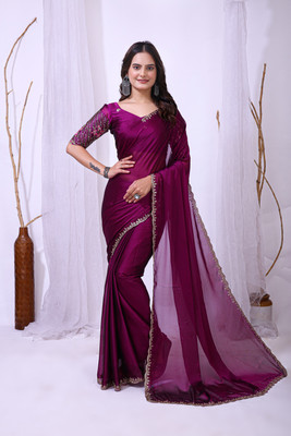 LeeliPeeri Designer Solid/Plain, Embroidered Bollywood Silk Blend Saree(Purple)