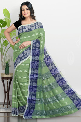 PRANATI ENTERPRISE Printed, Self Design, Woven Tant Pure Cotton Saree(Dark Green)