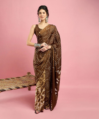 Sareemall Printed Bandhani Crepe Saree(Brown)