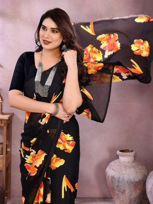 Soor Panchi Floral Print Daily Wear Georgette Saree(Black)