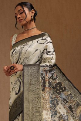 soch Printed Saree with Attached Blouse Tussar Silk Saree(Cream)