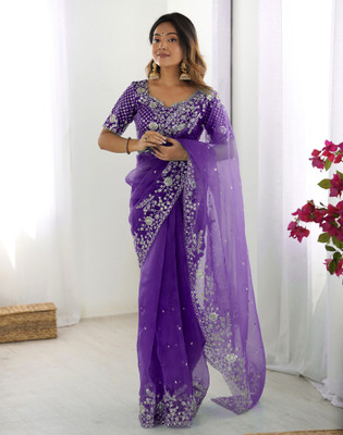 Satrani Embroidered, Embellished Bollywood Organza Saree(Purple)