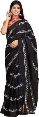 Clothonus Printed Handloom Pure Cotton Saree(Black)