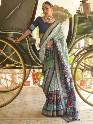 Sareemall Embellished Patola Silk Blend Saree(Dark Blue)