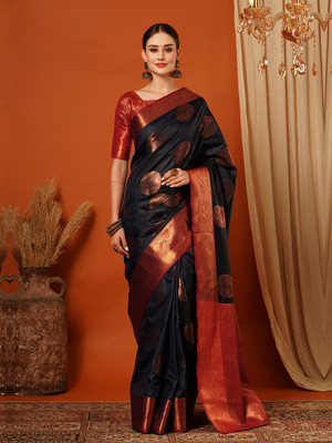 HouseOfCommon Embellished, Woven Bollywood Pure Silk, Jacquard Saree(Dark Blue, Red, Gold)