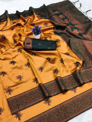 AVANTIKA FASHION Woven Kanjivaram Pure Silk, Art Silk Saree(Yellow, Green)