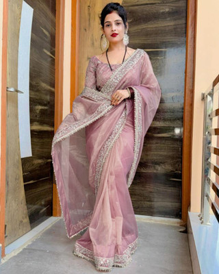 ShivGori Embroidered, Embellished Bollywood Tissue, Net Saree(Pink, Gold)