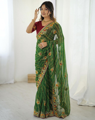 Tasrika Printed, Embroidered, Embellished Bandhani Chiffon, Georgette Saree(Green)