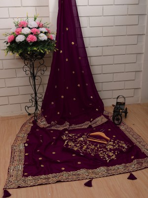 MAN PRIYA TRENDZ Embroidered Bollywood Silk Blend Saree(Purple)
