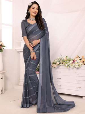 Moda Rapido Striped, Self Design Daily Wear Satin Saree(Grey)