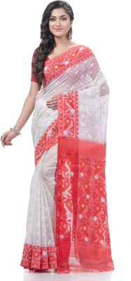 Desh Bidesh Woven, Striped, Self Design, Paisley Jamdani Handloom Cotton Blend, Pure Cotton Saree(White)