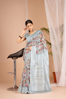WISHLIST Digital Print Bollywood Cotton Blend Saree(Grey)