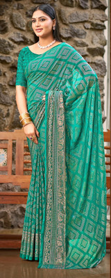 Sanskriti Synthetics Floral Print Handloom Chiffon Saree(Dark Green)