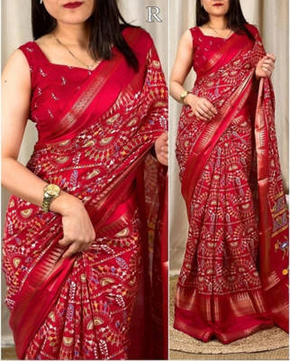 Ridham Printed Kalamkari Silk Blend Saree(Red)