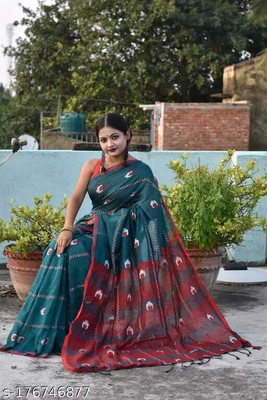 Handloom cotton blend saree Woven, Striped Handloom Cotton Blend Saree(Dark Green)