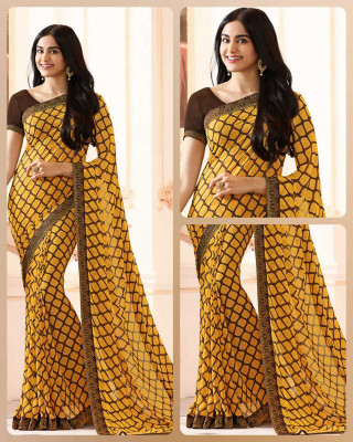 MEETVIN COUTURE Printed, Self Design, Digital Print, Embroidered, Floral Print, Solid/Plain Daily Wear Georgette, Chiffon Saree(Yellow)
