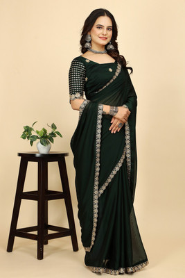 SAADHYA CREATION Embroidered, Solid/Plain Bollywood Chiffon Saree(Dark Green)