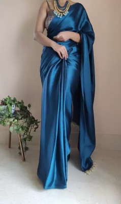 Samai Solid/Plain Bollywood Satin Saree(Blue)