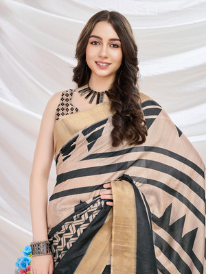 Tasrika Geometric Print Bollywood Silk Blend Saree(Beige)
