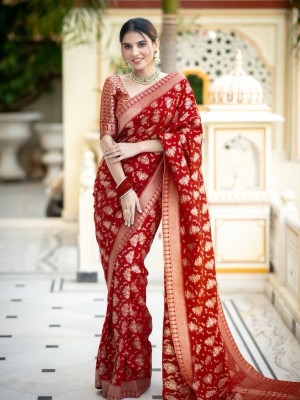 Miss Beelee Self Design Banarasi Jacquard Saree(Red)