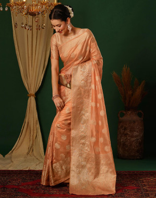 Tasrika Woven, Embellished Banarasi Jacquard, Silk Blend Saree(Orange, Gold)