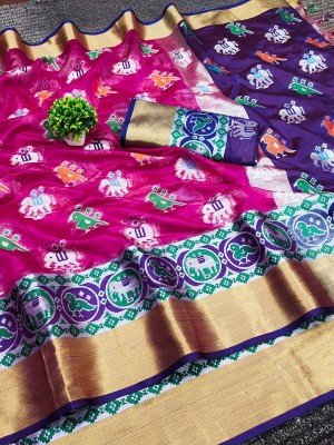 DURGA TEXTILE Printed, Self Design, Embellished, Woven, Animal Print, Blocked Printed Patola Jacquard, Silk Blend Saree(Pink)