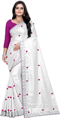 GEETABA FASHION Embroidered Bollywood Silk Blend Saree(White)