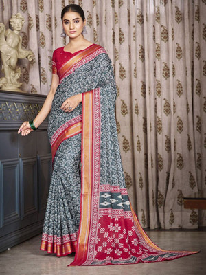 all about you Printed Daily Wear Silk Blend Saree(Grey)