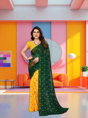 SmittenSmit Printed Bollywood Georgette Saree(Yellow, Green)