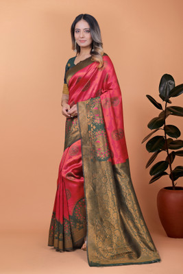 TRINETRA STUDIO Self Design Banarasi Silk Blend Saree(Pink, Dark Green)
