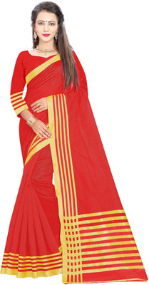 JS Clothing Mart Solid/Plain, Striped Banarasi Cotton Blend Saree(Red)