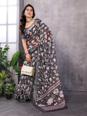 Soor Panchi Floral Print Bollywood Cotton Linen Saree(Brown)