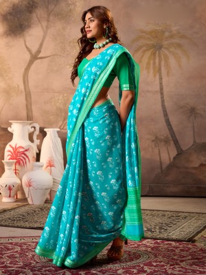 ANOUK Printed Hand Batik Cotton Blend Saree(Light Blue)