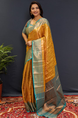 HouseOfCommon Self Design Banarasi Cotton Silk, Jacquard Saree(Gold)