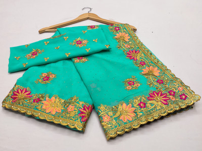 MIYANIFAB Embroidered Bollywood Georgette Saree(Light Blue)