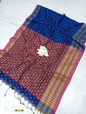 trogon Embroidered Handloom Cotton Blend Saree(Blue)