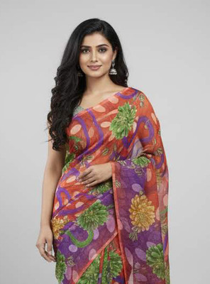 Anugrah Textile Printed Banarasi Lycra Blend, Chiffon Saree(Purple, Orange)