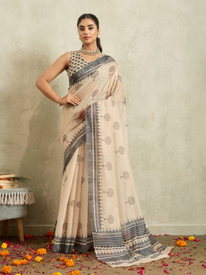 Rachna Printed Bollywood Cotton Blend Saree(Cream)
