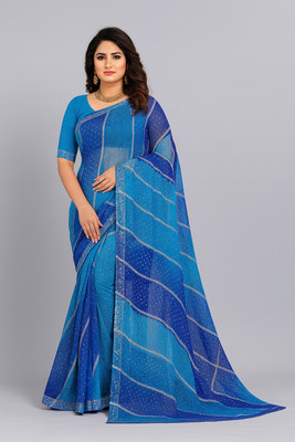 SIRINIKAA FASHIONS Striped, Printed Bollywood Chiffon Saree(Blue, Light Blue, Dark Blue)