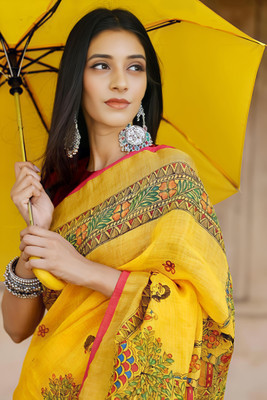 VCREATION Digital Print Bollywood Cotton Linen Saree(Yellow, Red)