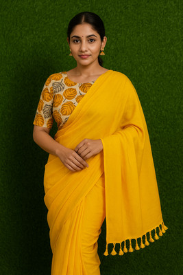SMRITI HANDLOOM Solid/Plain Handloom Handloom Pure Cotton Saree(Yellow)