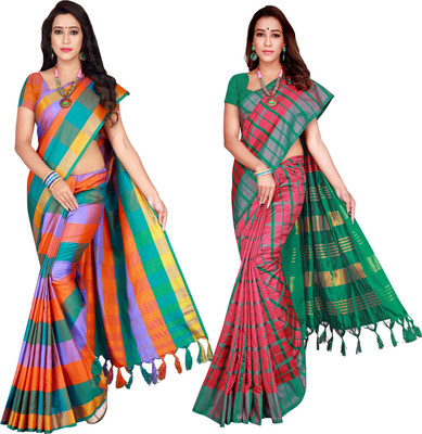 PRIYANSH CREATION Checkered Bollywood Cotton Silk Saree(Pack of 2, Multicolor)