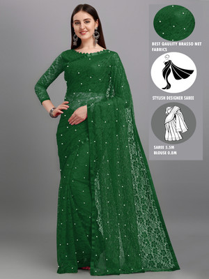 LOROFY Embroidered Bollywood Net Saree(Dark Green)