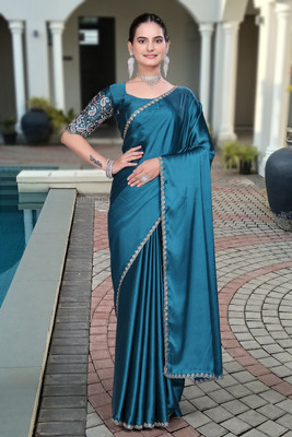 Ttex Solid/Plain Bollywood Silk Blend Saree(Blue)