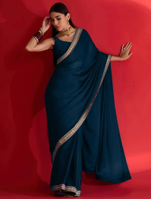 Labheshwari Solid/Plain, Embroidered Bollywood Chiffon Saree(Blue)