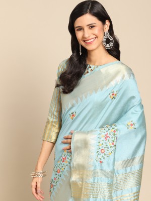 Tasrika Embroidered Assam Silk Cotton Silk Saree(Light Blue)