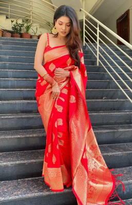SIDDHESHWAR Self Design Assam Silk Lycra Blend Saree(Red)