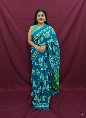 Reet Designer Printed Daily Wear Cotton Blend Saree(Blue, Green)